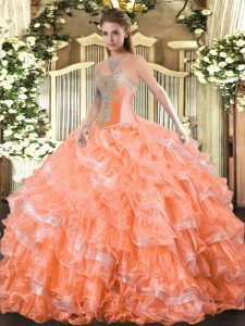 Orange Red Sweetheart Lace Up Beading and Ruffled Layers Ball Gown Prom Dress Sleeveless