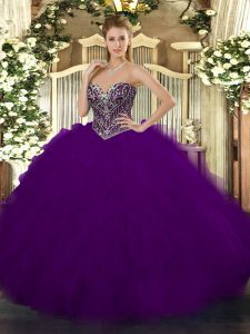 Traditional Sweetheart Sleeveless Sweet 16 Quinceanera Dress Floor Length Beading and Ruffles Dark Purple Tulle