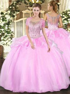 New Style Sleeveless Tulle Floor Length Clasp Handle Vestidos de Quinceanera in Baby Pink with Beading and Ruffles