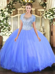 Best Floor Length Blue Quinceanera Gown Tulle Sleeveless Beading