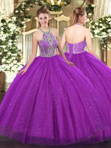 Fuchsia Ball Gowns Halter Top Sleeveless Tulle Floor Length Lace Up Beading Vestidos de Quinceanera