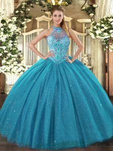 Teal Halter Top Neckline Beading and Embroidery Sweet 16 Dresses Sleeveless Lace Up