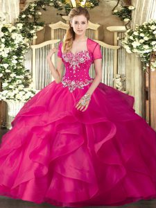 Elegant Hot Pink Ball Gowns Sweetheart Sleeveless Tulle Floor Length Lace Up Beading and Ruffles Quinceanera Gowns