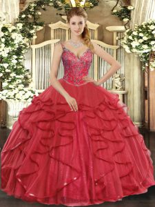 Sumptuous V-neck Sleeveless Lace Up Quince Ball Gowns Wine Red Tulle