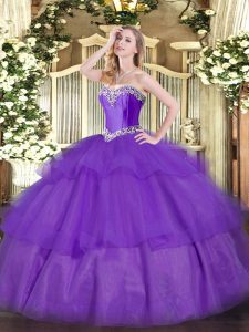 Lavender Sleeveless Tulle Lace Up Sweet 16 Quinceanera Dress for Military Ball and Sweet 16 and Quinceanera