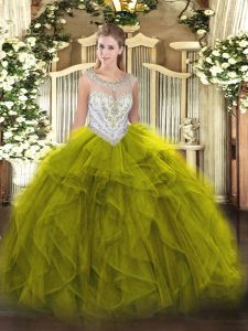 Custom Design Scoop Sleeveless Quince Ball Gowns Floor Length Beading and Ruffles Olive Green Tulle