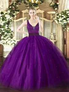 Floor Length Purple 15 Quinceanera Dress Tulle Sleeveless Beading