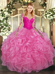 Rose Pink Scoop Neckline Lace and Ruffles Sweet 16 Dresses Long Sleeves Lace Up