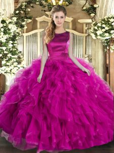 Fuchsia Sleeveless Tulle Lace Up Quinceanera Gown for Military Ball and Sweet 16 and Quinceanera