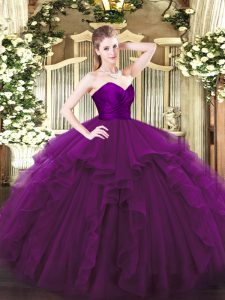 Extravagant Purple Ball Gowns Sweetheart Sleeveless Tulle Floor Length Zipper Ruffles Quince Ball Gowns