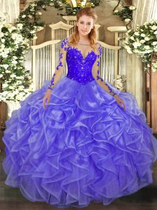 Suitable Lavender Lace Up 15th Birthday Dress Lace and Ruffles Long Sleeves Floor Length