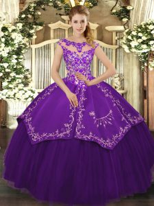 Most Popular Purple Cap Sleeves Satin and Tulle Lace Up Vestidos de Quinceanera for Sweet 16 and Quinceanera