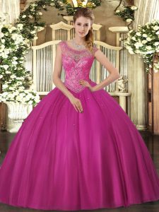 Floor Length Fuchsia Ball Gown Prom Dress Scoop Sleeveless Lace Up