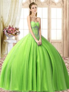 Lovely Sleeveless Tulle Floor Length Lace Up Quince Ball Gowns in with Beading