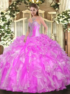 Sleeveless Organza Floor Length Lace Up 15 Quinceanera Dress in Lilac with Beading and Ruffles