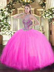 Flirting Ball Gowns Quinceanera Dresses Rose Pink Halter Top Tulle Sleeveless Floor Length Lace Up