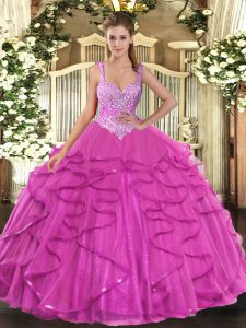 Glorious Floor Length Fuchsia Quinceanera Gowns Straps Sleeveless Lace Up