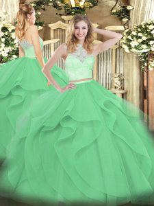 Apple Green Tulle Zipper 15 Quinceanera Dress Sleeveless Floor Length Lace and Ruffles