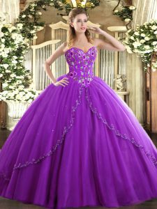 Chic Eggplant Purple Lace Up Sweetheart Appliques and Embroidery Quince Ball Gowns Tulle Sleeveless Brush Train