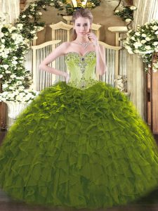 Beading and Ruffles Quinceanera Dress Olive Green Lace Up Sleeveless Floor Length