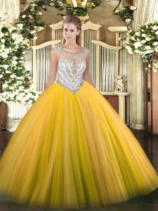 Gold 15 Quinceanera Dress Military Ball and Sweet 16 and Quinceanera with Beading Scoop Sleeveless Zipper