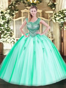 Smart Scoop Sleeveless Lace Up Quince Ball Gowns Apple Green Tulle