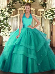 Turquoise Lace Up Halter Top Ruffled Layers Quinceanera Dress Tulle Sleeveless