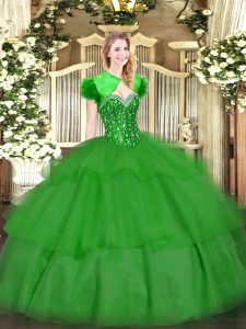 Latest Green Ball Gowns Tulle Sweetheart Sleeveless Beading and Ruffled Layers Floor Length Lace Up Quinceanera Gown