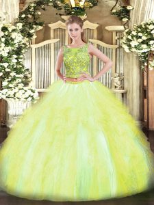 Flare Tulle Scoop Sleeveless Lace Up Beading and Ruffles Quinceanera Gowns in Yellow Green