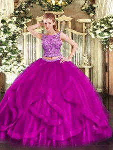 Fuchsia Scoop Neckline Beading and Ruffles Quinceanera Gowns Sleeveless Zipper