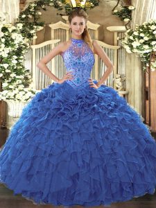 Traditional Blue Sweet 16 Dresses Sweet 16 and Quinceanera with Beading and Embroidery and Ruffles Halter Top Sleeveless Lace Up