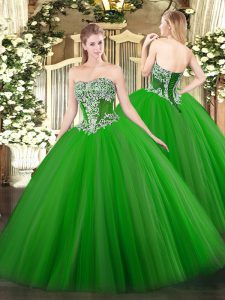 Shining Sleeveless Floor Length Beading Lace Up Quince Ball Gowns with Green