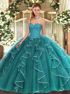 Teal Ball Gowns Sweetheart Sleeveless Tulle Floor Length Lace Up Beading and Ruffles Quinceanera Dress