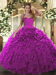 Glorious Floor Length Lace Up Quinceanera Gown Fuchsia for Military Ball and Sweet 16 and Quinceanera with Ruffles