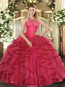 Sleeveless Floor Length Beading and Ruffles Lace Up Sweet 16 Dress with Coral Red