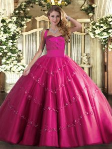 Sumptuous Hot Pink Ball Gowns Halter Top Sleeveless Tulle Floor Length Lace Up Appliques Quince Ball Gowns