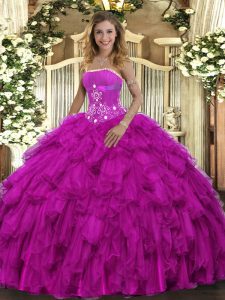 Fuchsia Sleeveless Organza Lace Up Vestidos de Quinceanera for Military Ball and Sweet 16 and Quinceanera