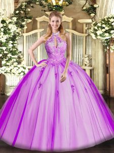 Flirting Fuchsia Sleeveless Floor Length Lace and Appliques Lace Up 15th Birthday Dress