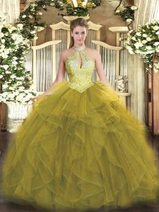 Olive Green Lace Up Sweet 16 Dresses Beading and Ruffles Sleeveless Floor Length