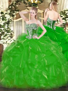 Strapless Sleeveless Lace Up Sweet 16 Dress Green Organza