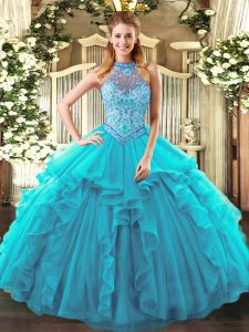 Flirting Organza Halter Top Sleeveless Lace Up Beading and Ruffles Vestidos de Quinceanera in Teal