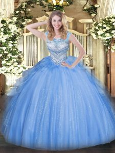 Fabulous Blue Ball Gowns Scoop Sleeveless Tulle Floor Length Lace Up Beading Sweet 16 Quinceanera Dress