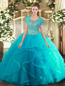 New Style Scoop Sleeveless Quinceanera Dress Floor Length Beading and Ruffled Layers Aqua Blue Tulle