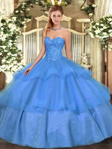 Delicate Baby Blue Sweet 16 Dresses Military Ball and Sweet 16 and Quinceanera with Beading and Ruffled Layers Sweetheart Sleeveless Lace Up