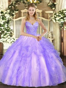 V-neck Sleeveless Tulle Vestidos de Quinceanera Beading and Ruffles Lace Up