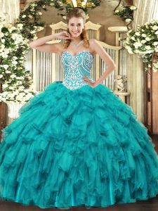 Floor Length Ball Gowns Sleeveless Teal Ball Gown Prom Dress Lace Up