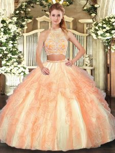 Gold Criss Cross Vestidos de Quinceanera Beading and Ruffled Layers Sleeveless Floor Length