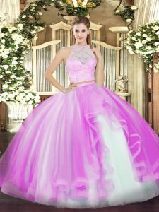 Custom Designed Floor Length Zipper Vestidos de Quinceanera Lilac for Military Ball and Sweet 16 and Quinceanera with Lace and Ruffles