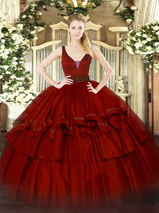 Luxurious Wine Red Zipper Straps Beading and Ruffled Layers Sweet 16 Dresses Organza Sleeveless