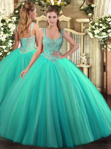 Ideal Tulle V-neck Sleeveless Lace Up Beading Quinceanera Dresses in Turquoise